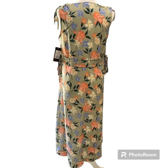 Frye Women’s Drawstring Waist V-Neck Midi Dress Last Dance Sage Floral - Picture 4 of 7
